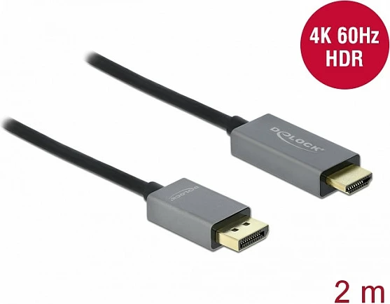 Kabllo DeLOCK DisplayPort 1.4 në HDMI, 2 m, 4K 60Hz HDR, zezë/gri