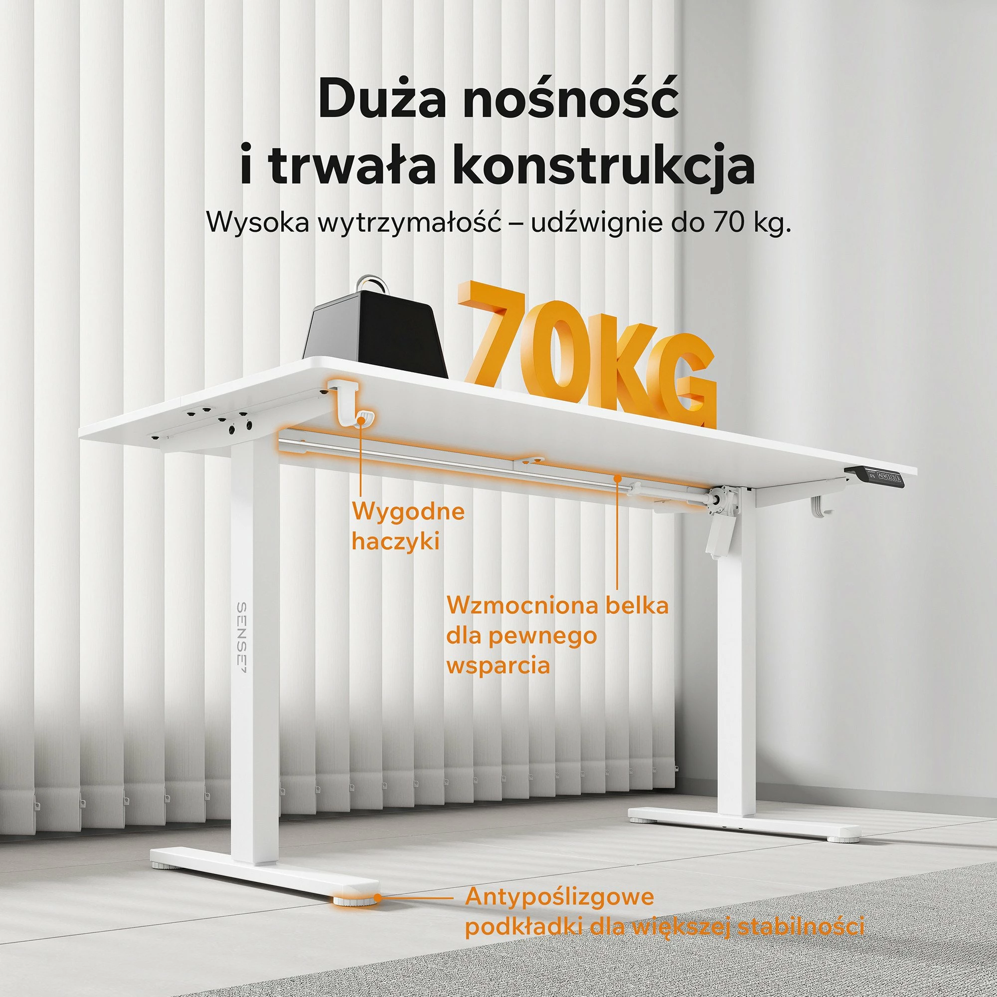 Tavolinë elektrike gaming SENSE7 NOJO LIGHT 140x70 cm, lartësi 72-118 cm, e bardhë