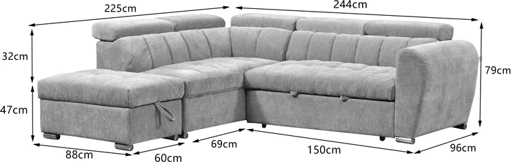 Kënd-sofë krevate me kënd të djathtë Nuvora, me hapësirë për depo, kadife korduroj, bezhë, 244x225x79cm