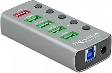 Hub USB DeLOCK, 4x USB-A 5Gbps + Fast Charge 2.4A + USB-C PD 3.0, alumin, gri