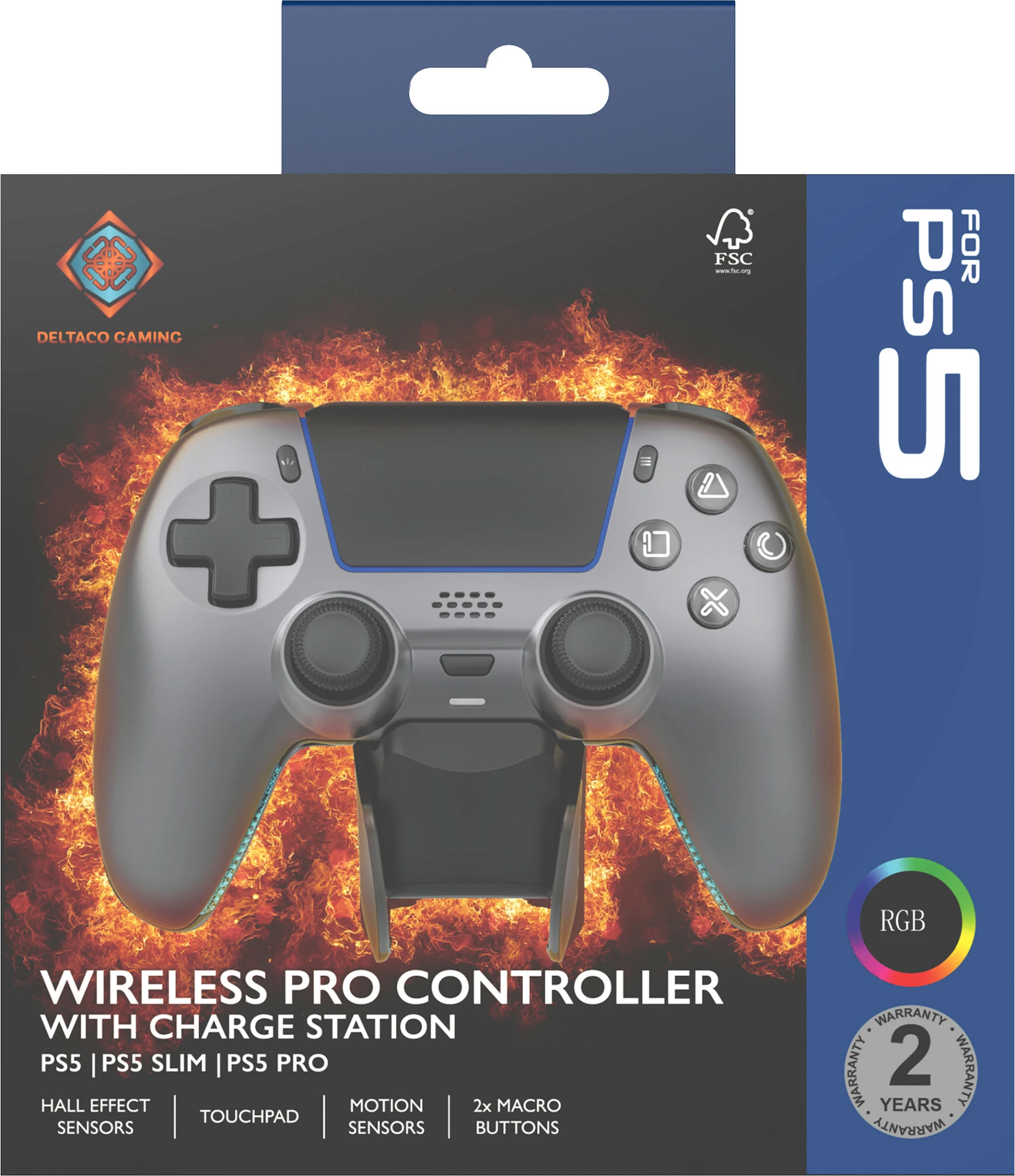 Kontroller Deltaco Gaming për PS5 me stacion karikimi, Wireless/Bluetooth/USB, 1000 mAh, Steel Gray