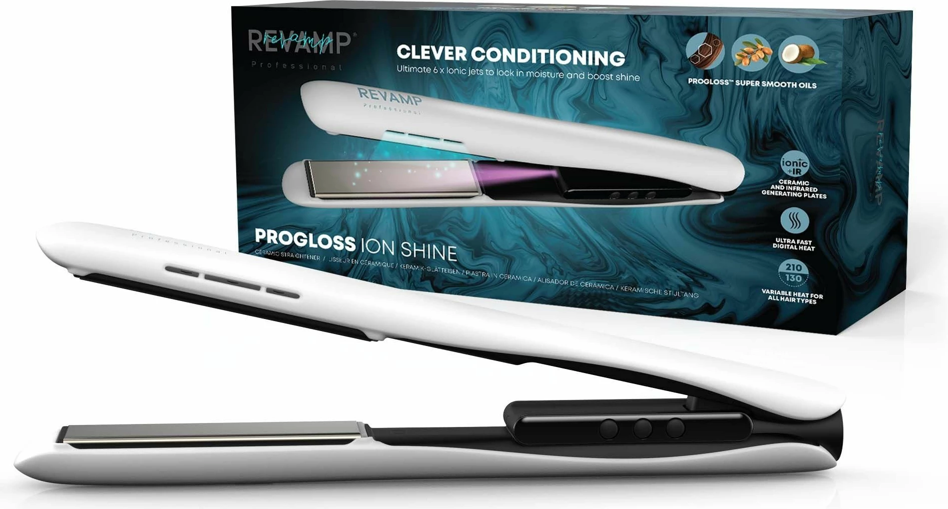 Hekur për flokë Revamp Progloss Ion Shine ST-1850, 130–210°C, teknologji infrared & ionike, e bardhë, me mat silikoni