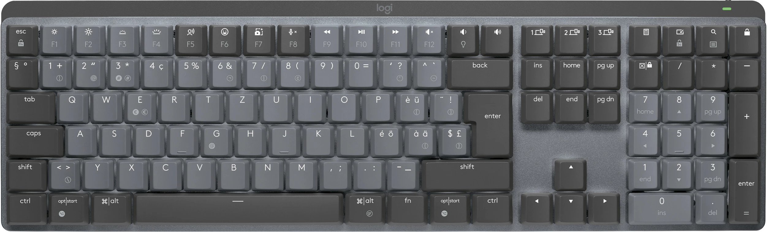 Tastierë mekanike Logitech MX Mechanical, Wireless RF + Bluetooth, QWERTZ, ndriçim LED i bardhë, Graphite