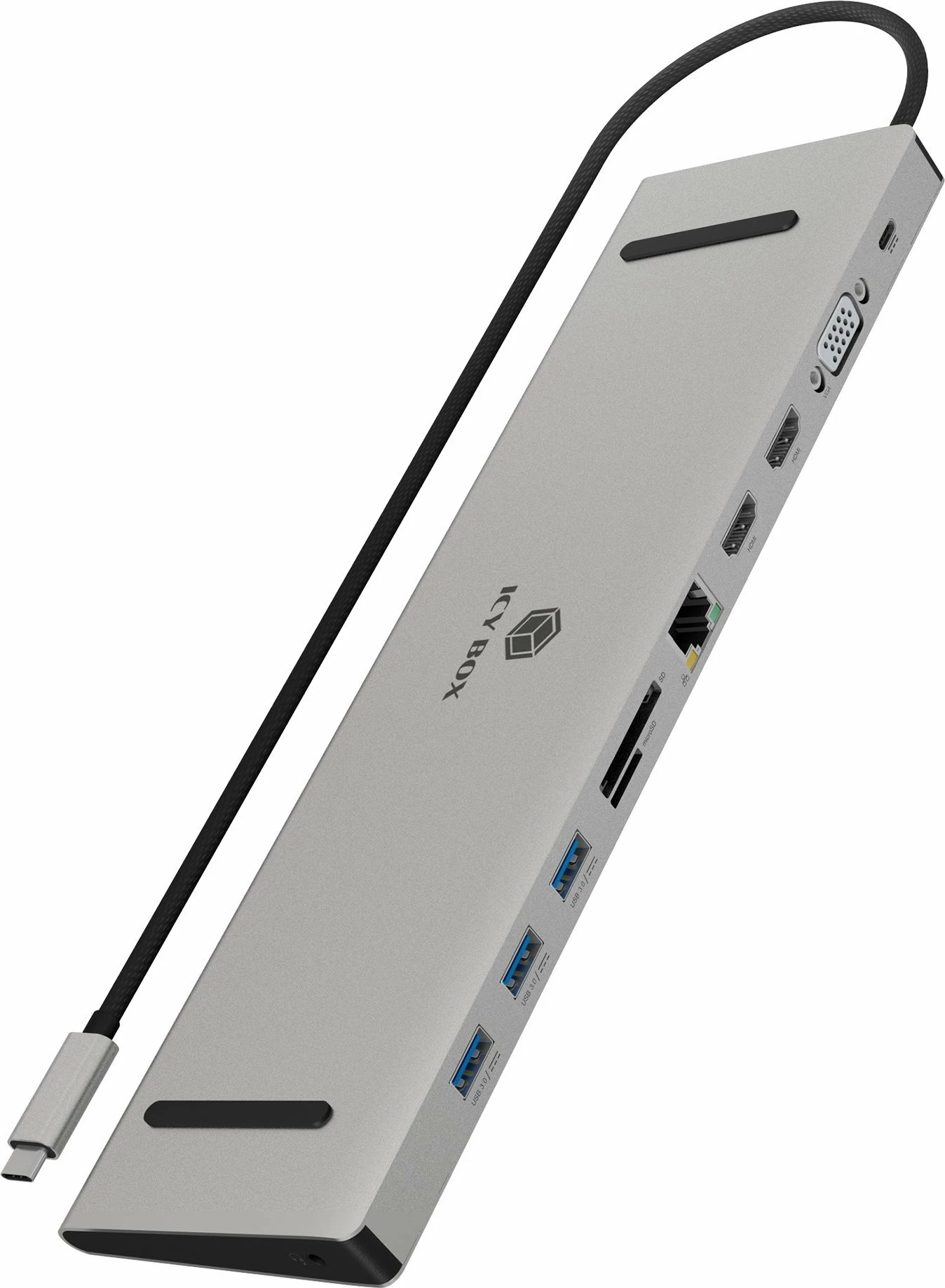 USB-C docking stacion Icy Box IB-DK2106a-CPD, 2x HDMI, VGA, 3x USB 3.0, LAN Gigabit, SD/microSD, Power Delivery 100W, gri