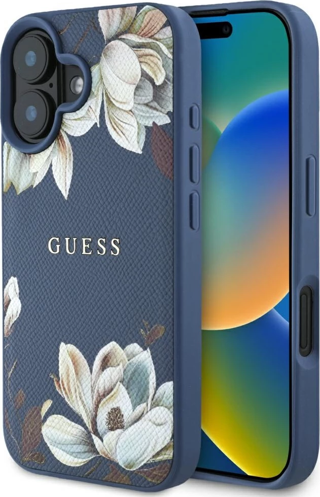 Mbështjellës Guess Grained Printed Flower Pattern MagSafe për iPhone 16, Blu