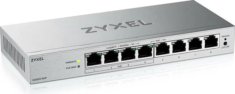 Switch Zyxel GS1200-8HPv3, 8x Gigabit PoE+, managed L2, desktop, argjendtë