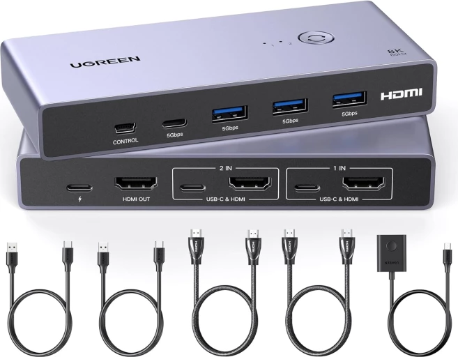 Switch KVM HDMI UGREEN 25961 8K@60Hz HDMI 2.1, 4x USB 3.0 (3x USB-A + 1x USB-C), 2 kompjutera/1 monitor, gri, set me kabllo dhe kontrollues