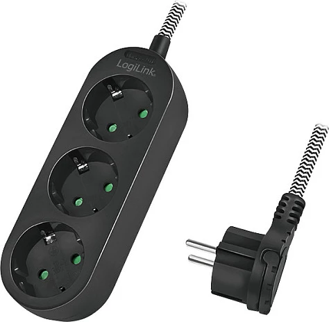 Zgjatues rryme LogiLink 3-prizësh Schuko (CEE 7/3), kabllo tekstili 1.5m, i zi