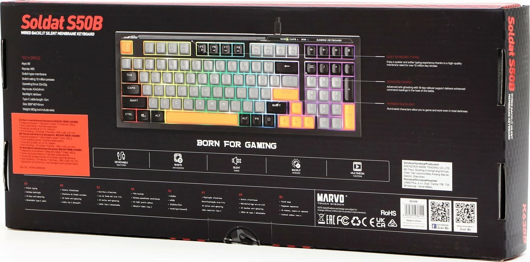 Tastierë gaming Marvo Soldat K638B, 98%, USB, RGB, membranë, e zezë