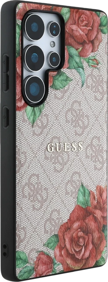 Mbështjellës Guess Leather 4G Flowers Print Metal Classic Logo MagSafe për Samsung Galaxy S25 Ultra, Rozë