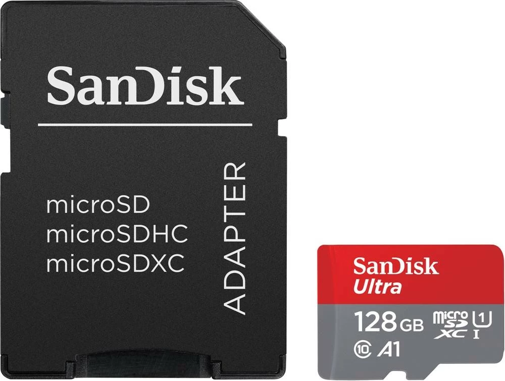 Kartelë memorie SanDisk Ultra microSDXC 128GB me adapter SD, Kuqe/Gri