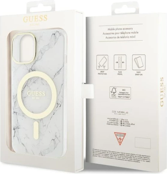 Mbështjellës Guess Marble MagSafe për iPhone 14 Plus 6.7", i bardhë