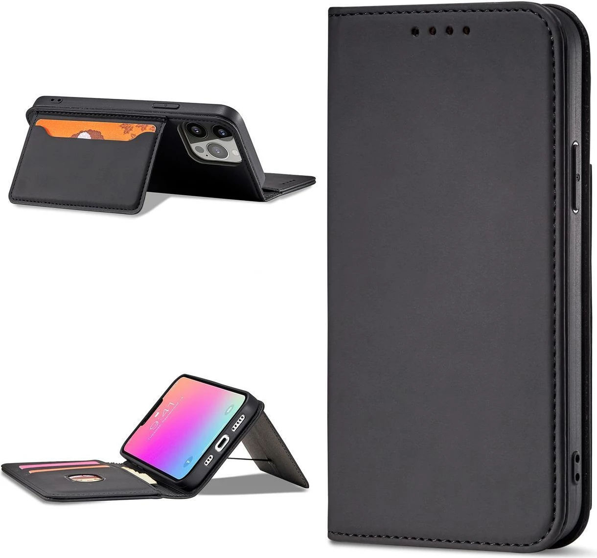 Mbështjellës Hurtel Magnet Card Case për iPhone 13 Pro Max, me portofol dhe mbajtëse, e zezë