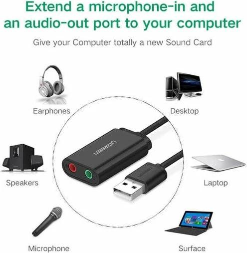 Adapter audio USB 2.0 në 3.5mm UGREEN 30724, dalje kufjesh + hyrje mikrofoni, 15cm, e zezë, me kuti