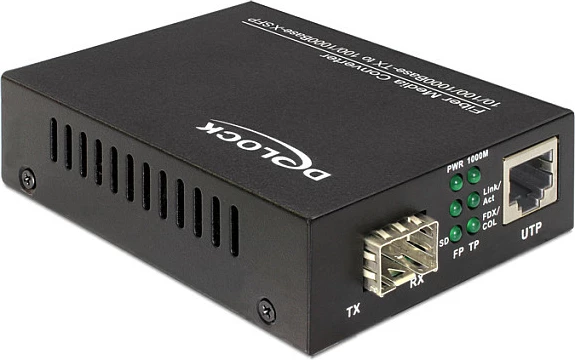 Konvertues media DeLOCK 86110 Gigabit Ethernet RJ-45 në SFP, 10/100/1000 Mbps, i zi