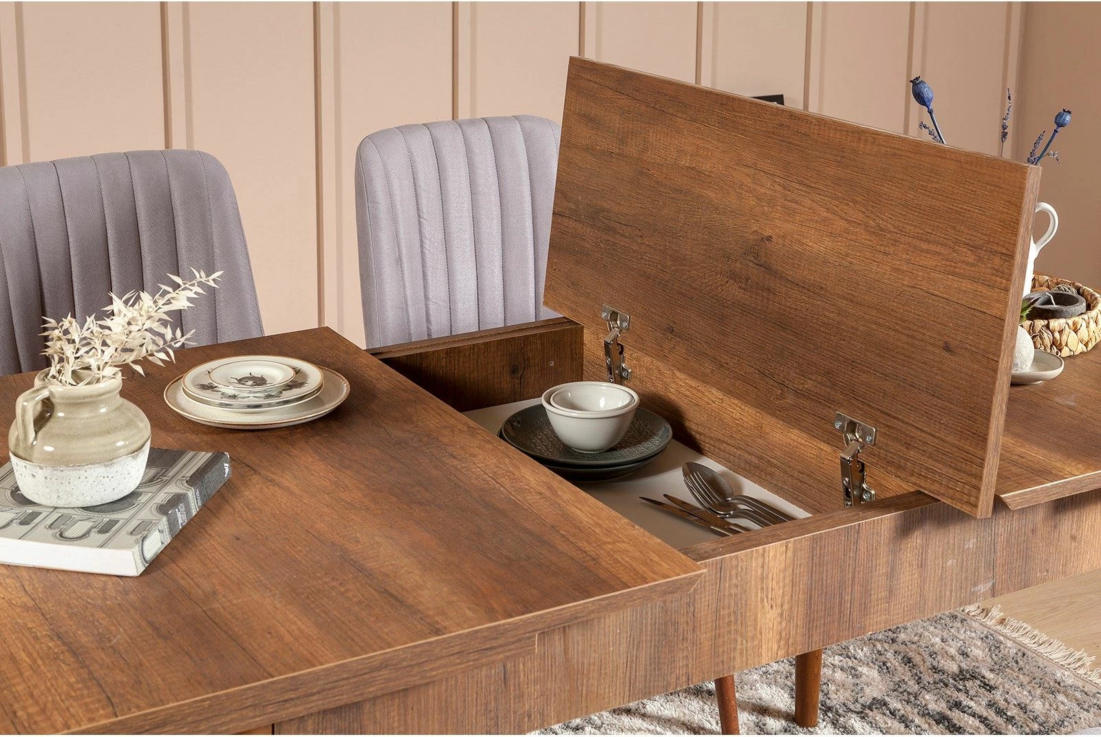 Tavolinë me karrige, set 4 pjesësh, ngjyrë arre dhe gri, Vina 0701 - 3, Skye Decor