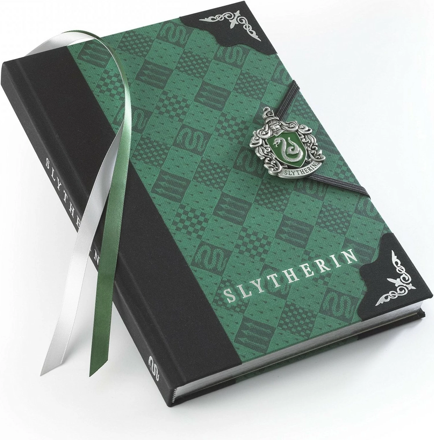 Fletore shënimesh NOBLE COLLECTION Harry Potter Slytherin, me mbyllëse metalike, skaje të argjendta, 2 shirita shënues, e gjelbër/zezë