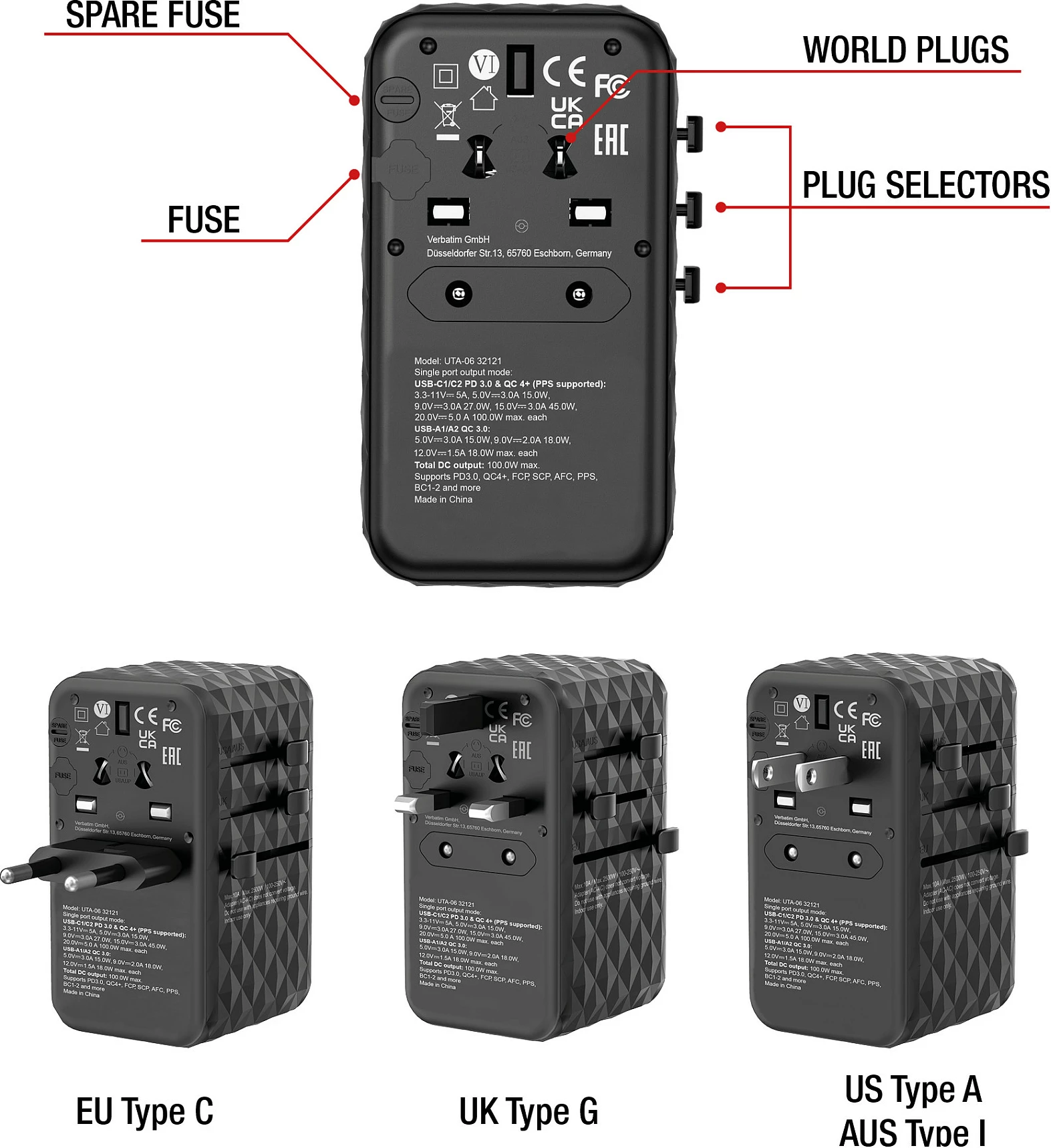 Adapter udhëtimi Verbatim UTA-06 GaN III, 100W, 2x USB-C PD, 2x USB-A QC, i zi