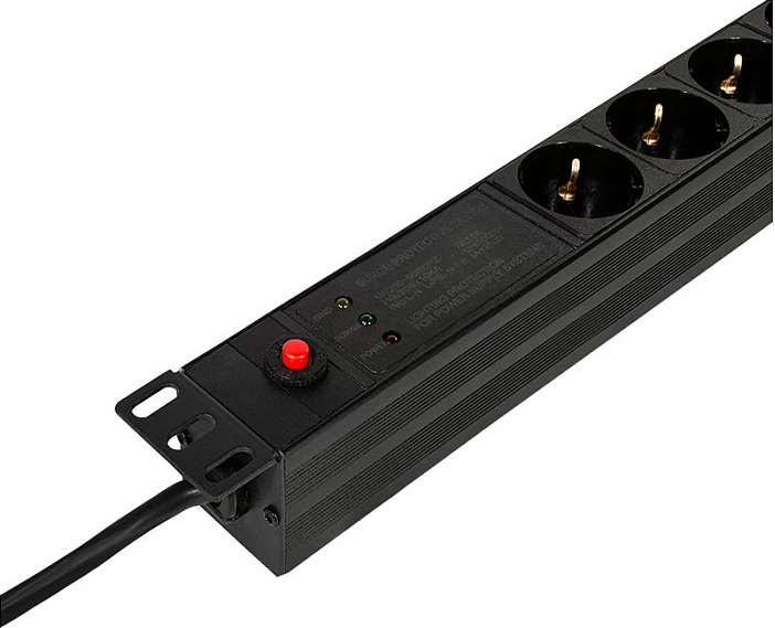 PDU 19" LogiLink, 7x prizë Schuko CEE 7/3, filtër linje, mbrojtje mbingarkese, e zezë