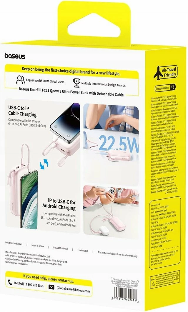 Powerbank Baseus EnerFill FC21 Qpow 3 Ultra 20000mAh 22.5W me display, rozë, me kabllo të ndashme