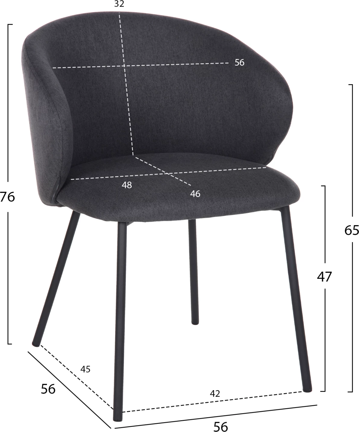 Karrige ngrënieje ISIAH FH9615.01, pëlhurë gri, këmbë metalike të zeza, 56x56x76H cm., set prej 2 copë