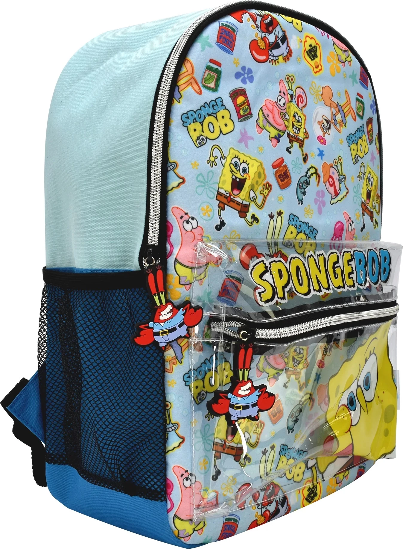 Çantë shpine Blue Sky SpongeBob Core, e madhe, najlon, xhep frontal PVC me zinxhir, xhepa anësorë rrjetë, shumëngjyrëshe