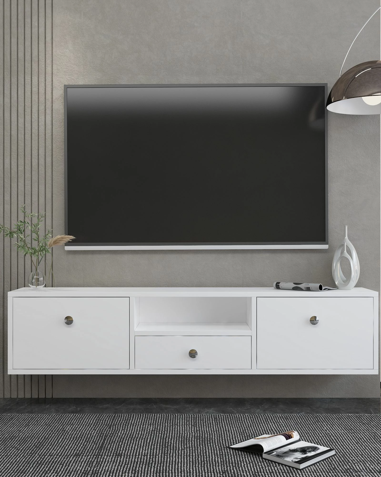 Komodë TV Skye Decor, 1301-DROP-1, e bardhë, argjend