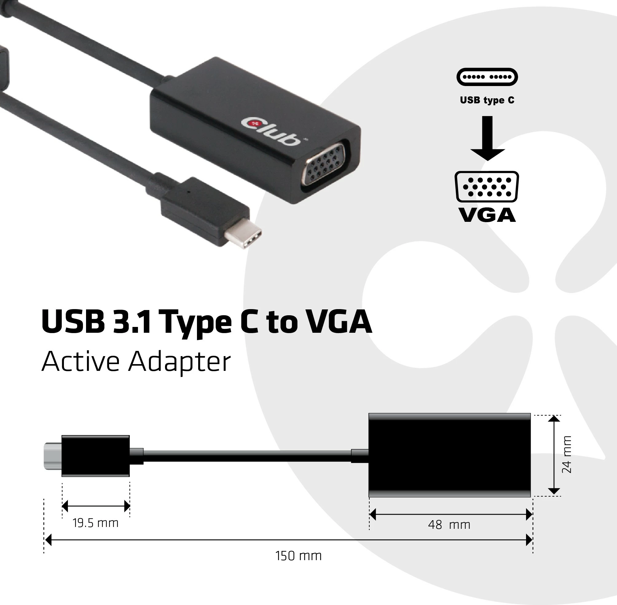 Adapter USB-C në VGA Club 3D, aktiv, 0.15m, i zi