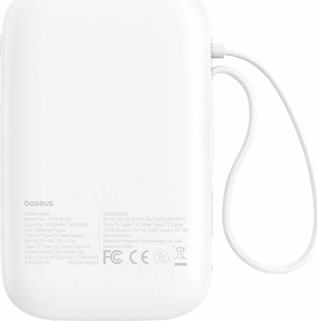 Powerbank Baseus QPow 2 10000mAh 30W 2x USB-C, 1x USB-A, i bardhë