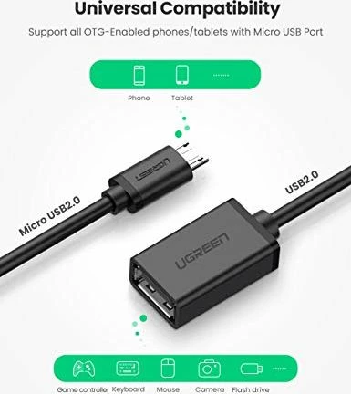 Adapter USB OTG Ugreen 10396, MicroUSB në USB-A (USB 2.0) 12 cm, i zi