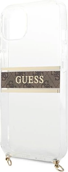 Mbështjellës Guess GUHCP13SKC4GBGO për iPhone 13 mini 5.4", transparent, rrip kafe, zinxhir ari