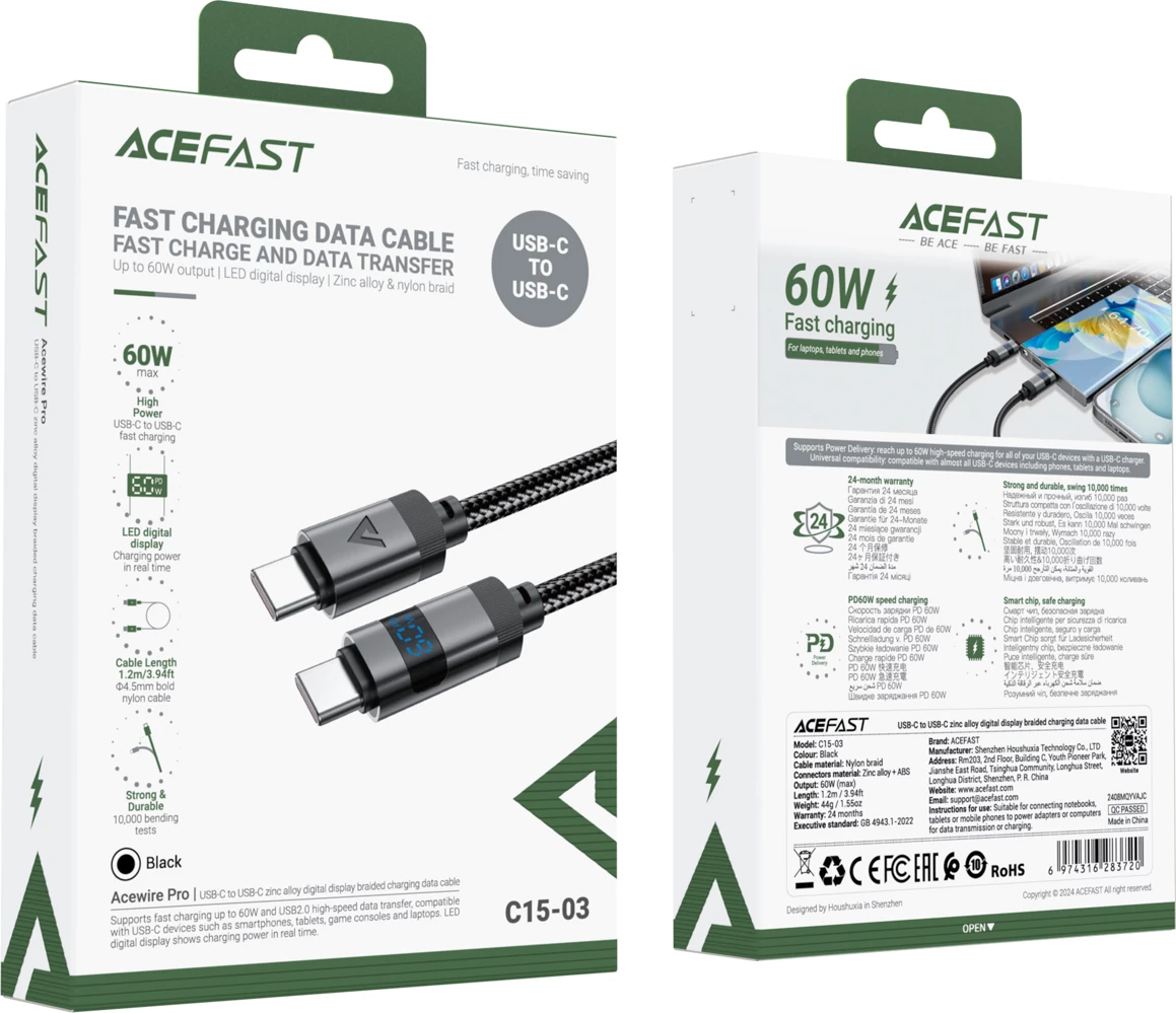 Kabllo Acefast C15-04 USB-C në USB-C me ekran LED, 1.2m, 60W, e zezë
