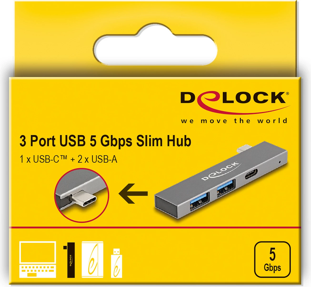 Hub USB DeLOCK 3-port, USB-C, 1x USB-C + 2x USB-A, 5Gbps, gri