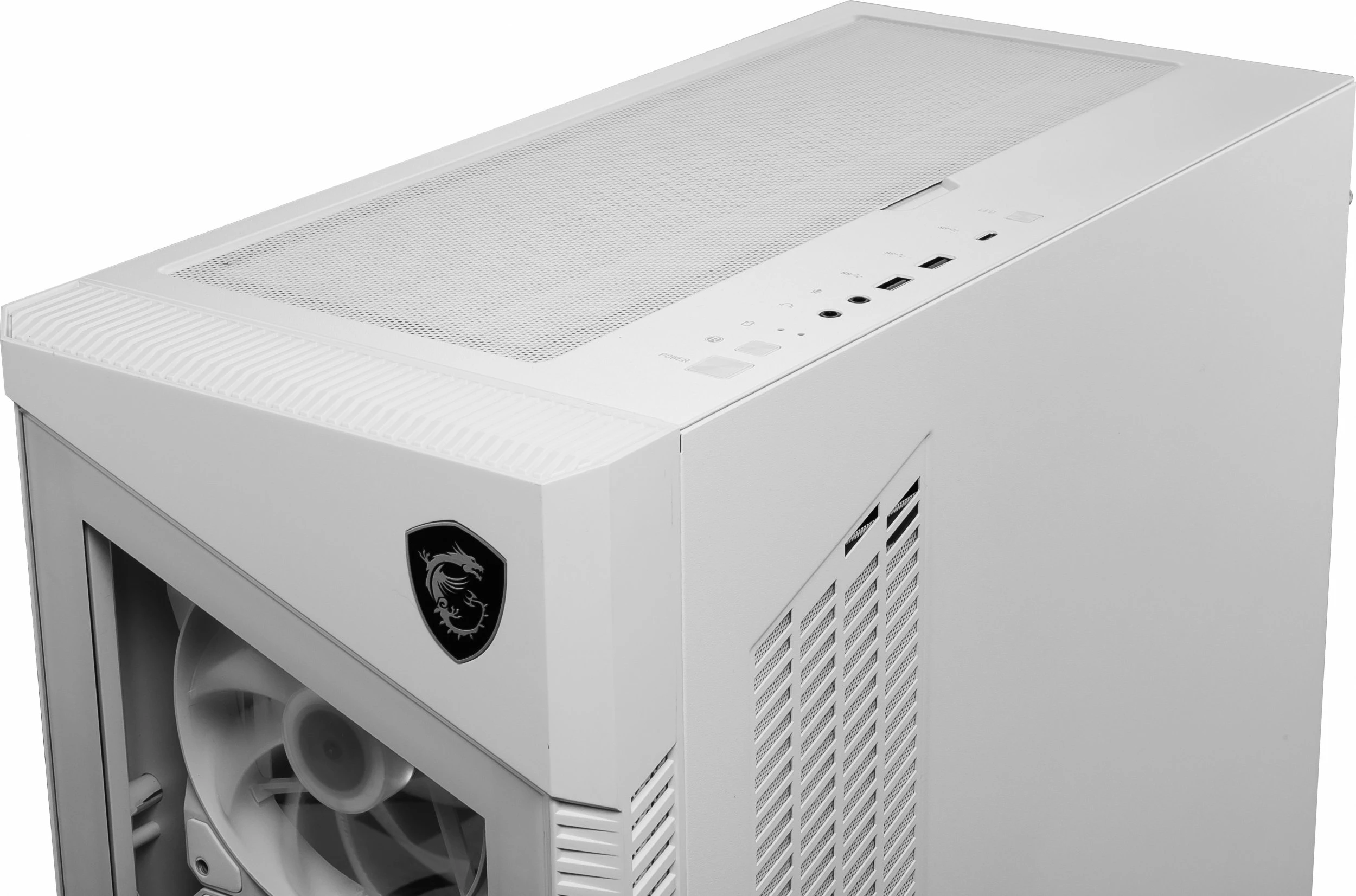 Kasë MSI MPG Velox 100R ARGB Midi Tower ATX/eATX me xham të temperuar, USB-C, kllapë GPU vertikale, e bardhë
