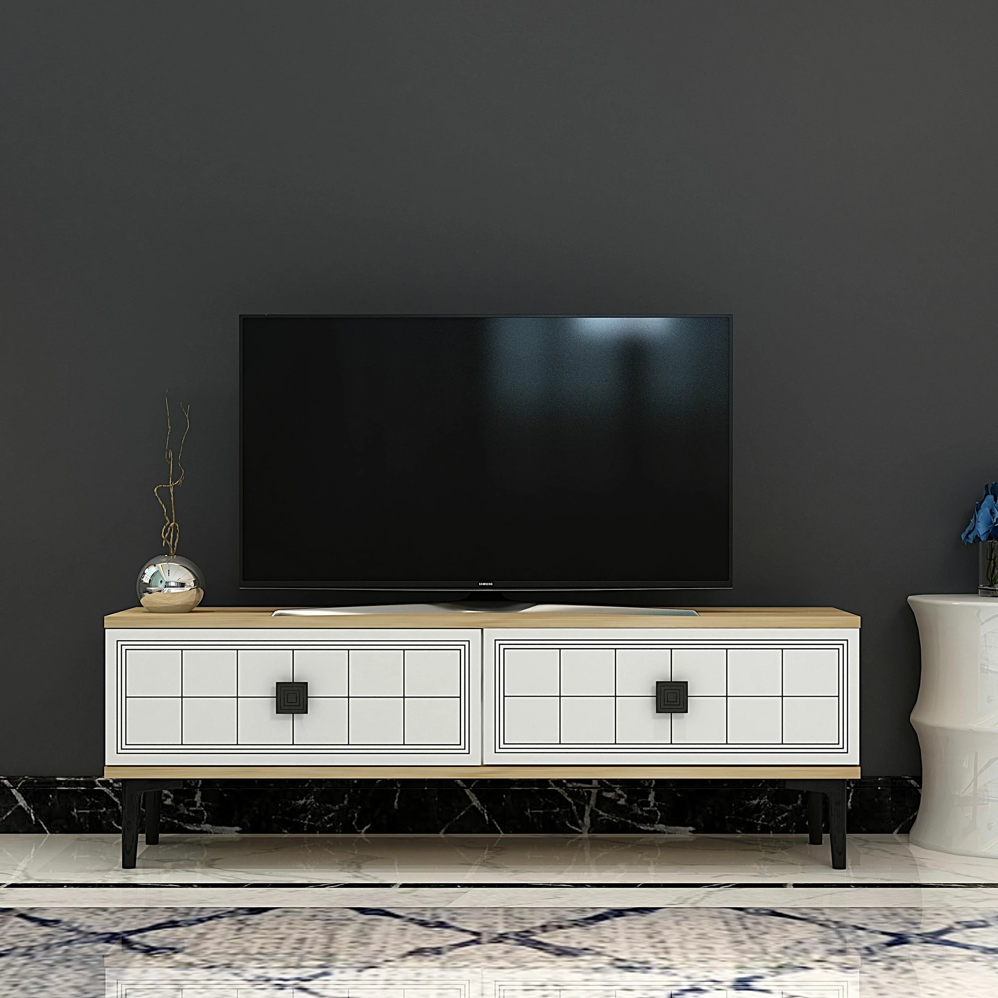 Komodë për TV Skye Decor, Yuka 120, ngjyrë lis safir, e bardhë