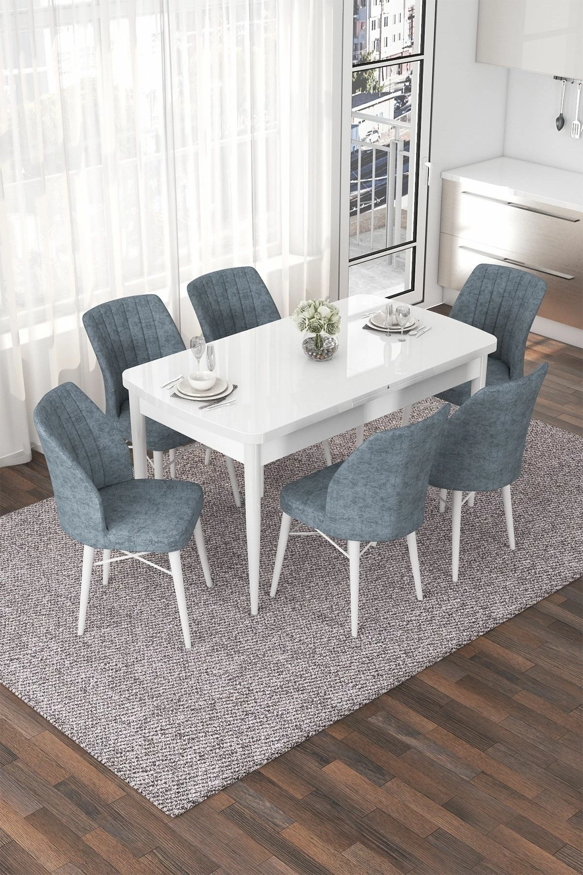 Tavolinë me karrige zgjatëse, 7 copë, Skye Decor, e bardhë, gri