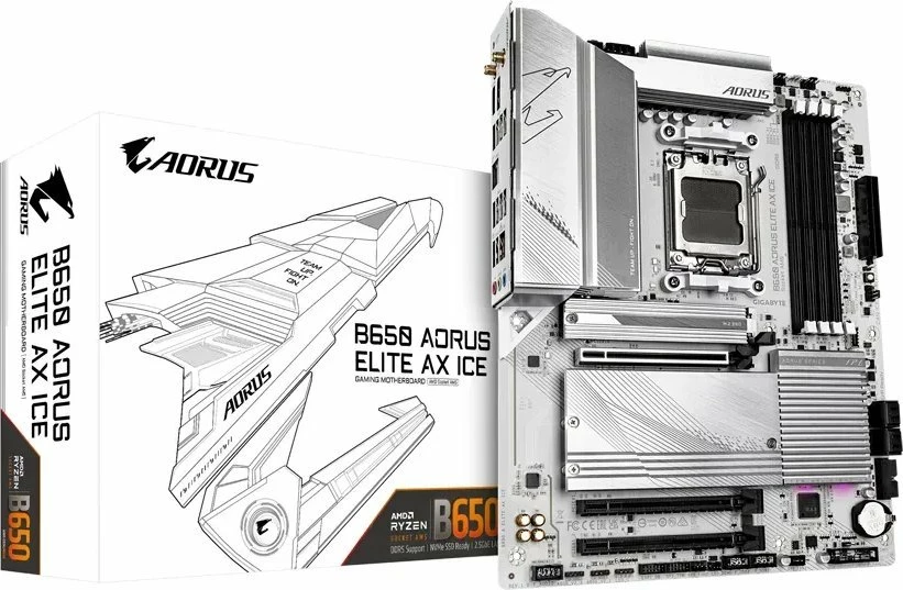 Pllakë amë Gigabyte B650 AORUS ELITE AX ICE ATX, DDR5, Wi-Fi 6E, Bluetooth, e bardhë, me antenë Wi-Fi