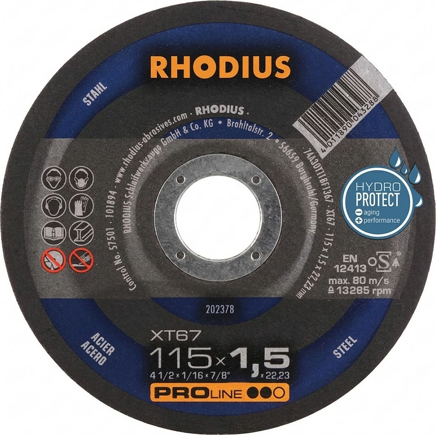 Disk prerës Rhodius XT 67 PRO, 115x1.5x22.23 mm, për çelik, blu