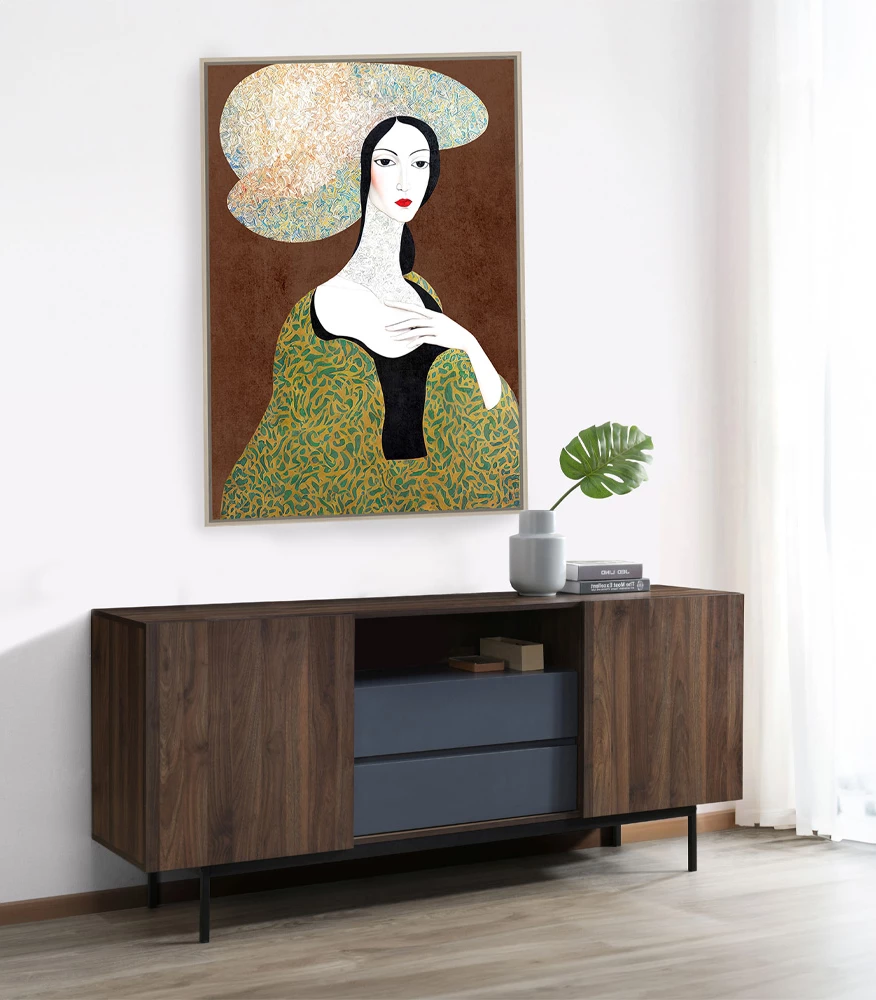 Pikturë dekorative Vintage Lady, kanavacë, dru natyral, shumëngjyrëshe, 83x123x4cm