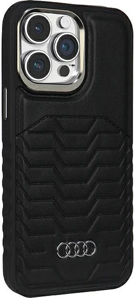 Mbështjellës Audi për iPhone 15 Pro Max, lëkurë sintetike, MagSafe, i zi