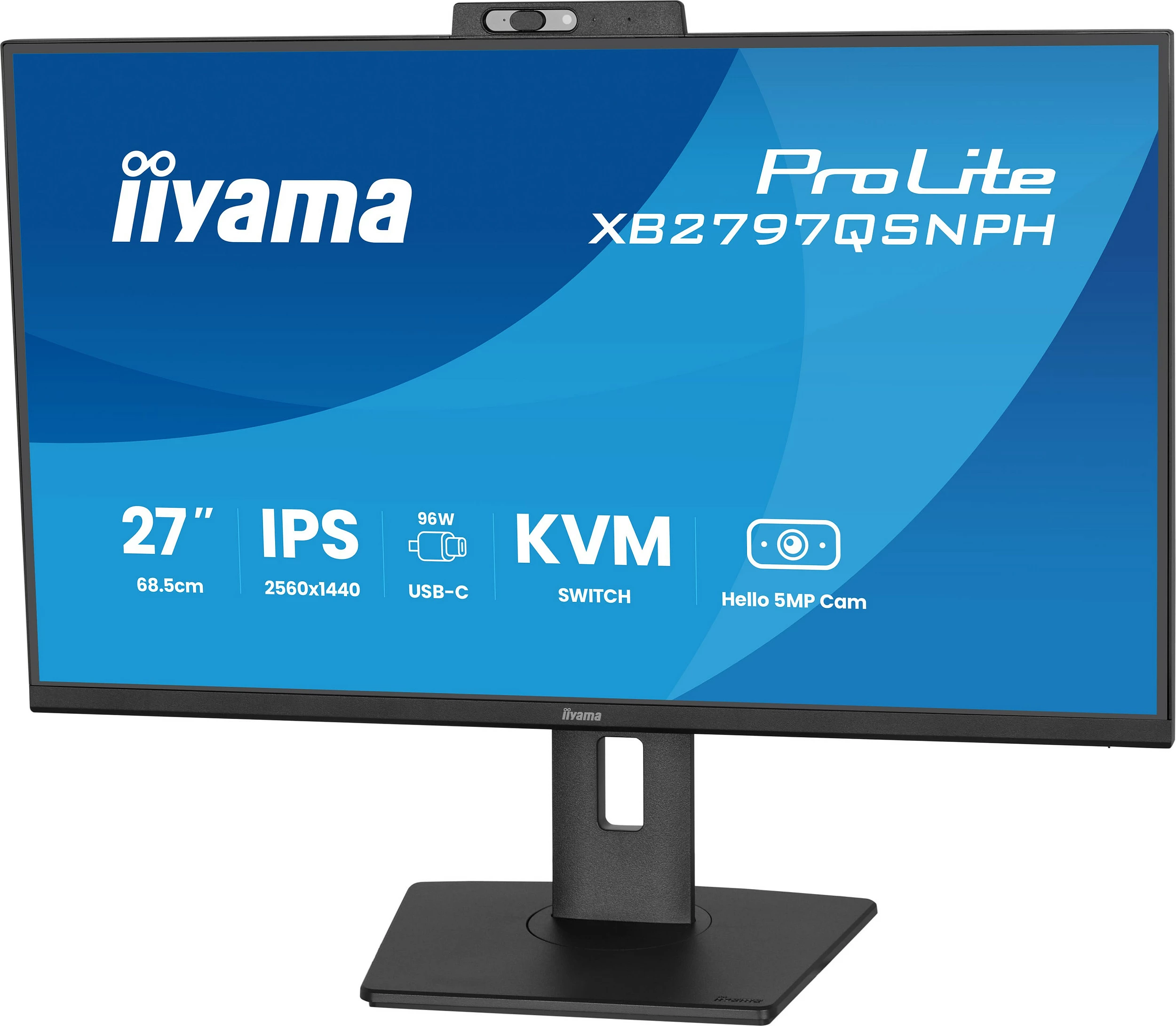 Monitor iiyama ProLite XB2797QSNPH-B1, 27" QHD IPS, 75Hz, 1ms, USB-C 96W, HDMI/DisplayPort, kamerë, i zi