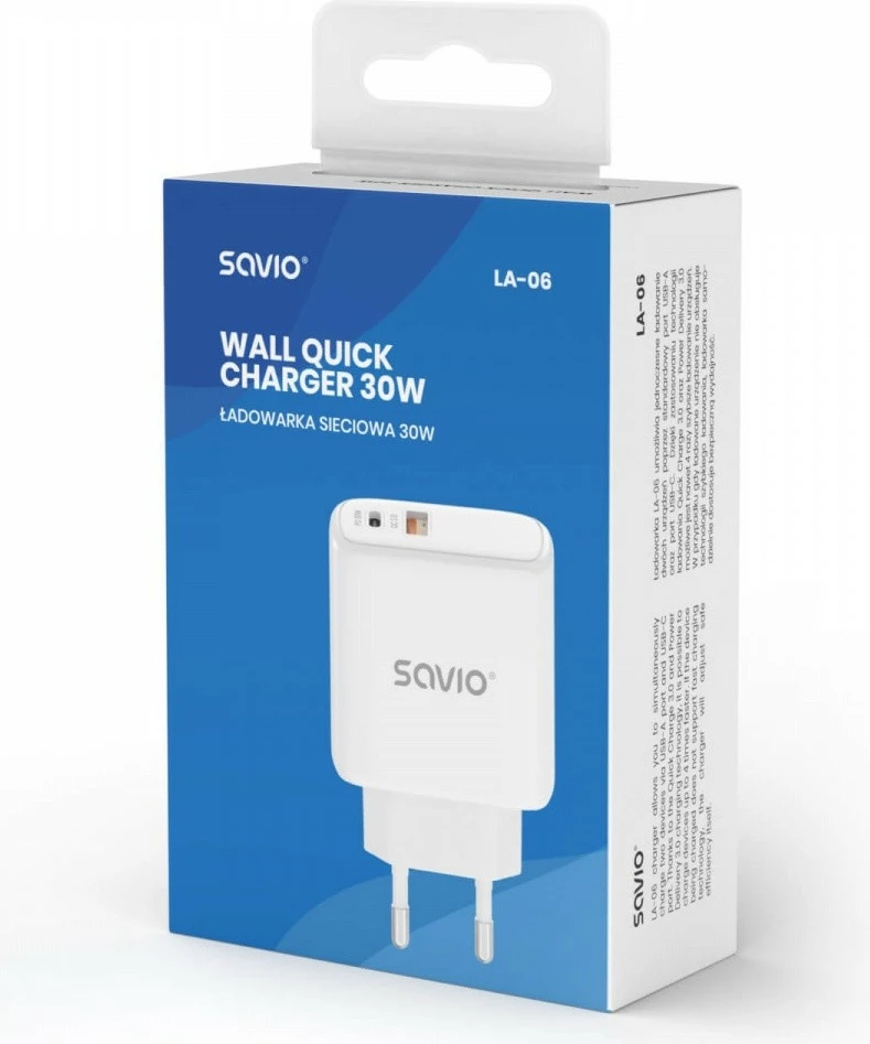 Karikues muri Savio LA-06, 30W, USB-A & USB-C, Bardhë
