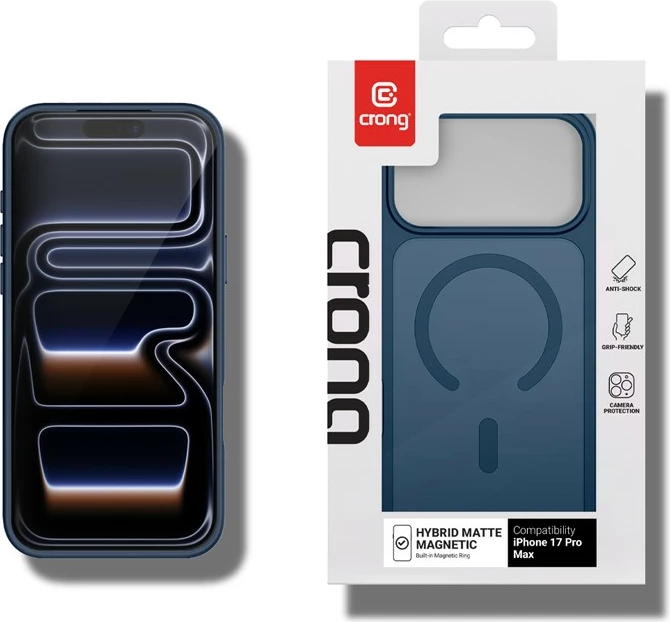 Mbështjellës CRONG Hybrid Matte Magnetic për iPhone 17 Pro Max, MagSafe, 30 magnetë N52, polikarbon, blu navy