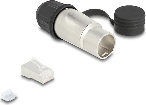 Konektor RJ45 DeLOCK Cat6A për montim, i drejtë, me kapak mbrojtës, zi/metalike