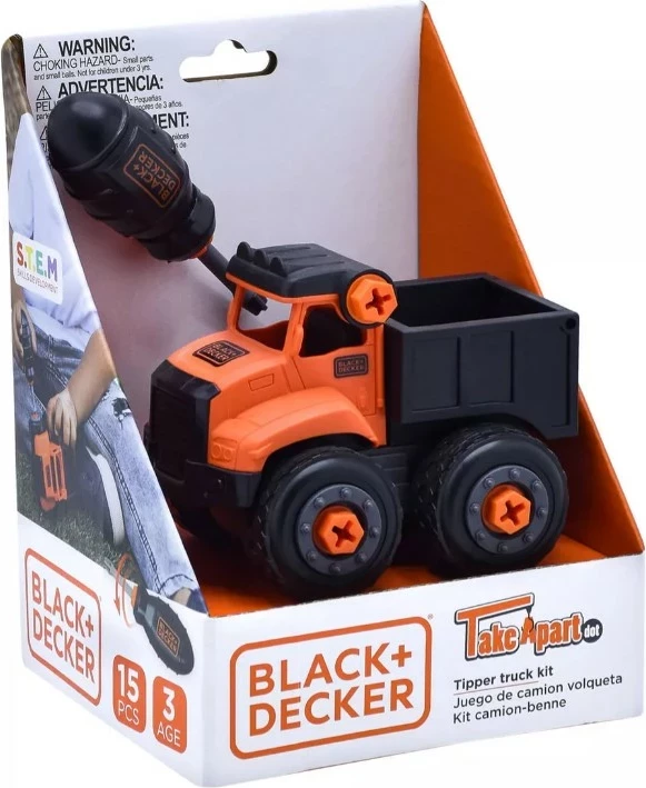 Kamion kip lodër disassemblable Black+Decker TT027S-BD, 15 pjesë, me kaçavidë, pa bateri, 12 cm, portokalli/zi, set 15 copë