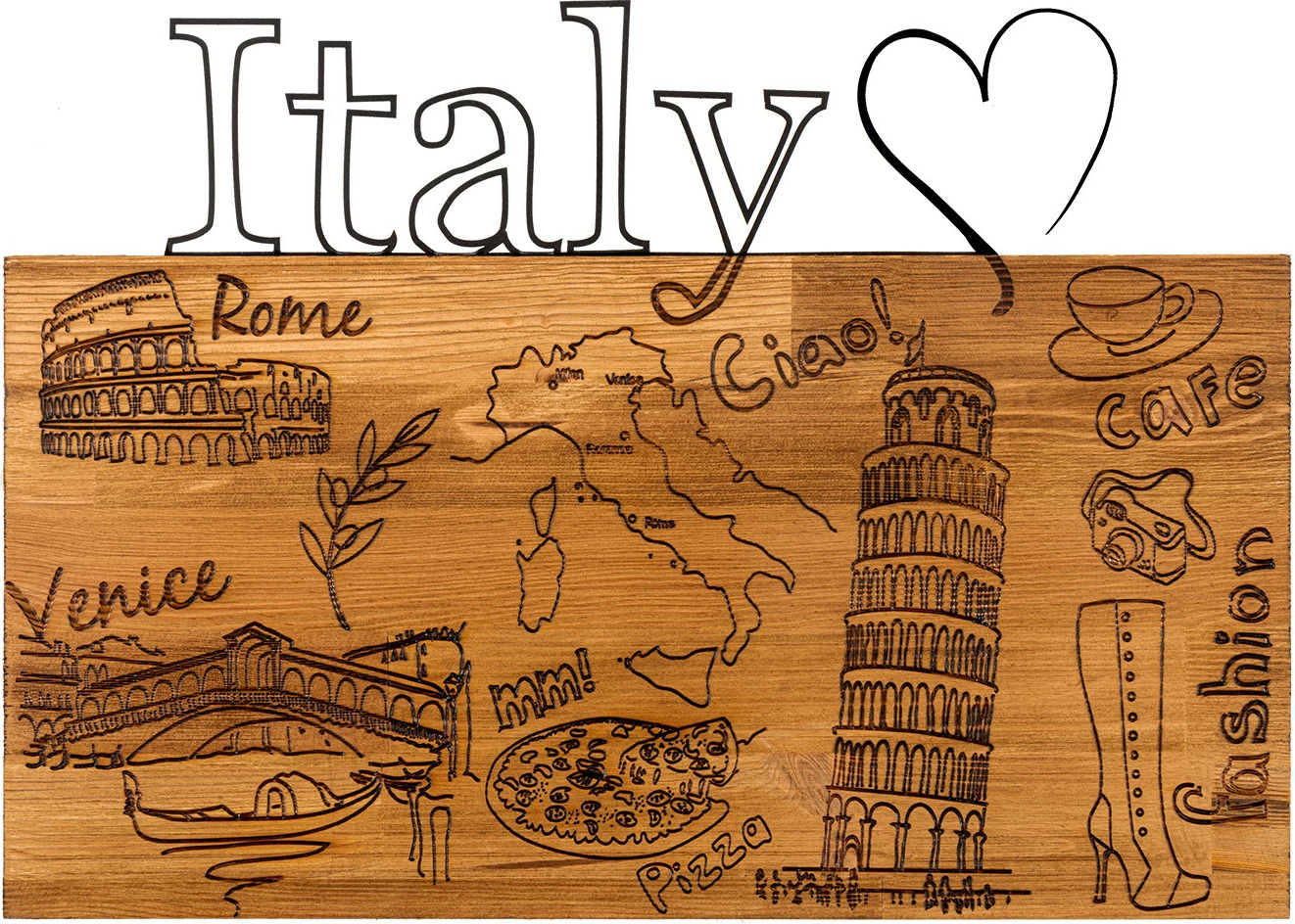 Aksesor dekorativ për mur, dru dhe metal, 'I Love You Italy', ngjyrë e zezë dhe arre, 58x41cm