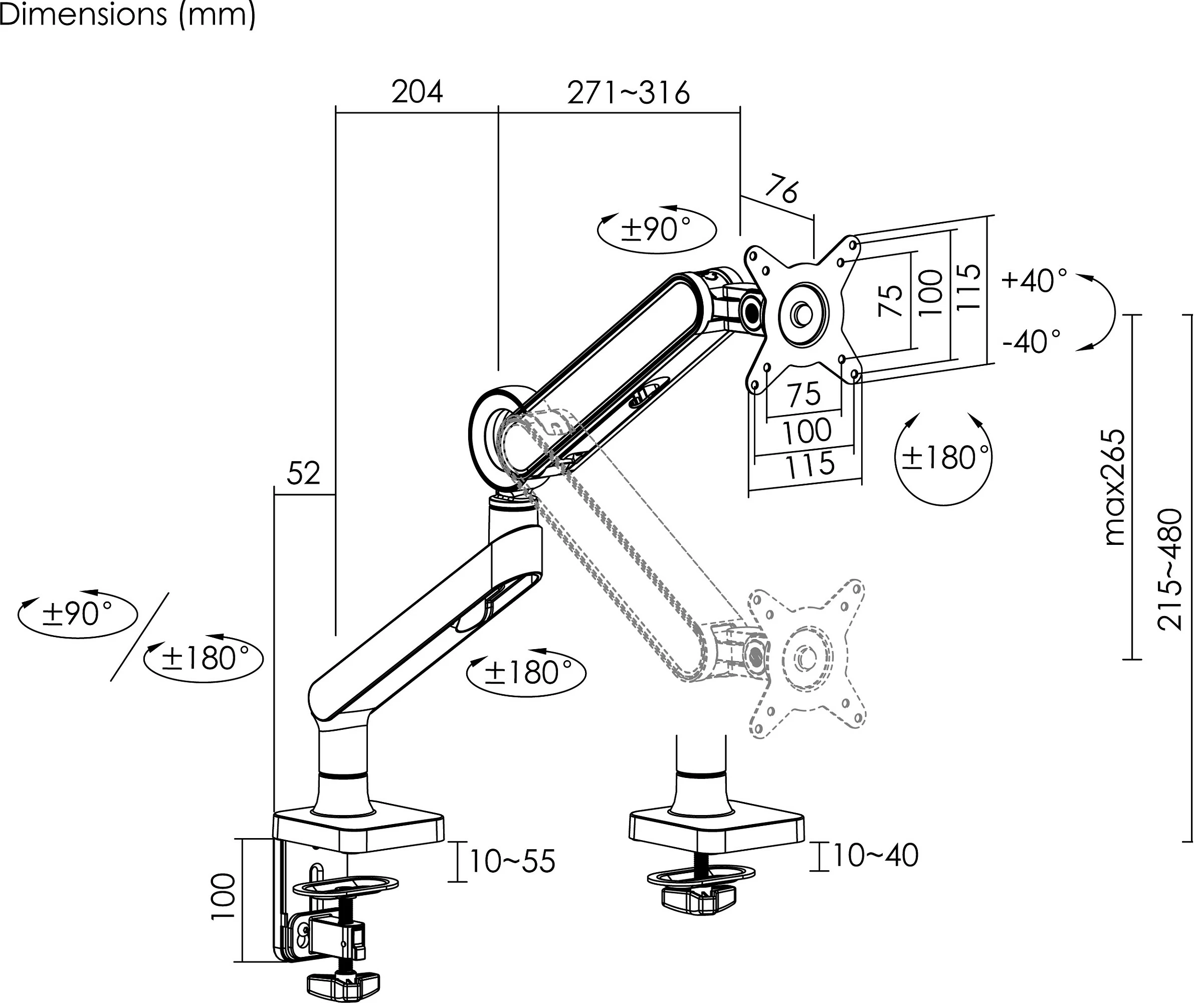Mbajtëse monitori EQUIP 17"-35", krah me gas spring, 360°, deri 10.5 kg, e zezë