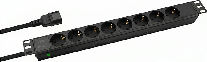 Shirit prizash rack 19" Helos PROFESSIONAL, 8 priza, kabllo 2 m, IEC C14 (për UPS), i zi