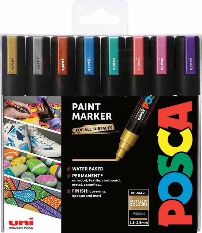Set markera POSCA PC-5M, 8 ngjyra metalike, majë mesatare, ujë-bazë
