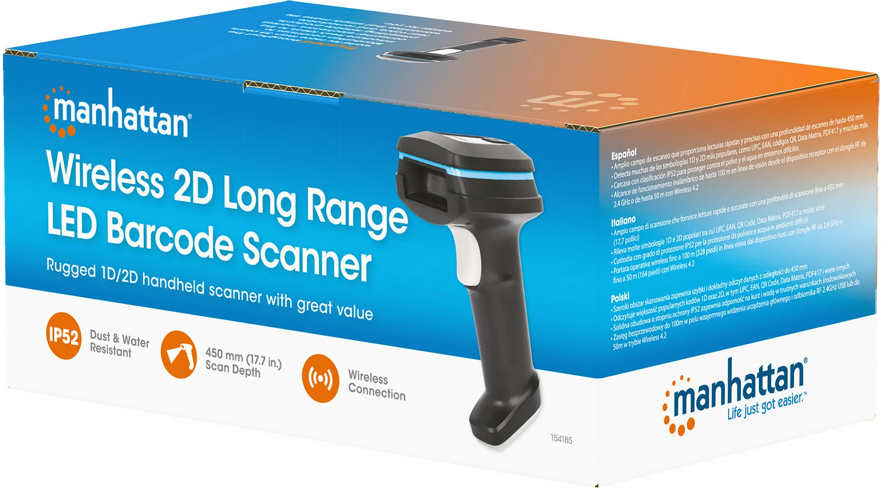 Skaner barkodi MANHATTAN 2D Long Range Wireless, USB Nano Receiver, i zi